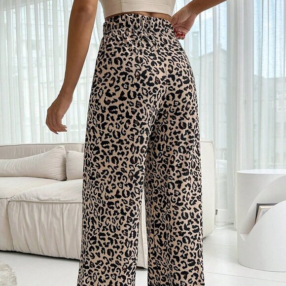 Brown Casual Women's Leopart Print Wide Leg Pants - Picture 3 of 6